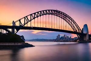 le Sydney port pont à le coucher du soleil. généré par ai photo