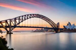 le Sydney port pont à le coucher du soleil. généré par ai photo