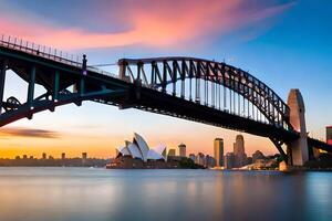 Sydney port pont à le coucher du soleil. généré par ai photo