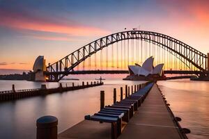 le Sydney port pont à le coucher du soleil. généré par ai photo