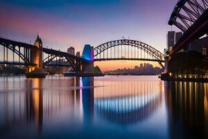 le Sydney port pont à le coucher du soleil. généré par ai photo