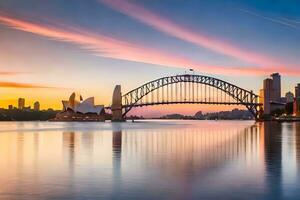 le Sydney opéra maison et le Sydney port pont à le coucher du soleil. généré par ai photo