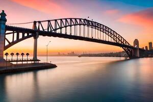 Sydney port pont à le coucher du soleil. généré par ai photo