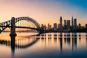 une pont couvrant plus de l'eau avec une ville horizon dans le Contexte. généré par ai photo