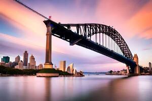 le Sydney port pont à le coucher du soleil. généré par ai photo