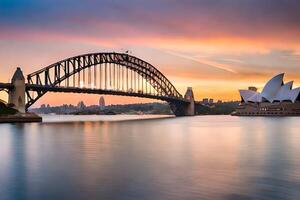 le Sydney opéra maison et pont à le coucher du soleil. généré par ai photo