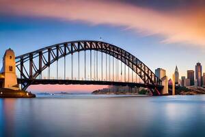 le Sydney port pont à le coucher du soleil. généré par ai photo