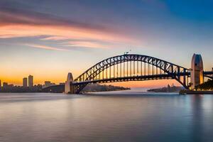 le Sydney port pont à le coucher du soleil. généré par ai photo