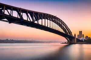 le Sydney port pont à le coucher du soleil. généré par ai photo