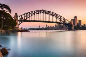 le Sydney port pont à le coucher du soleil. généré par ai photo