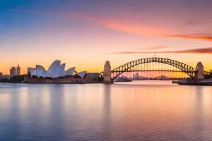 le Sydney opéra maison et pont à le coucher du soleil. généré par ai photo