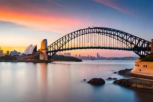 le Sydney port pont à le coucher du soleil. généré par ai photo