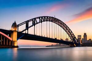 Sydney port pont à le coucher du soleil. généré par ai photo