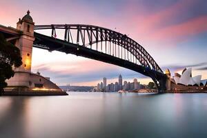 le Sydney port pont à le coucher du soleil. généré par ai photo