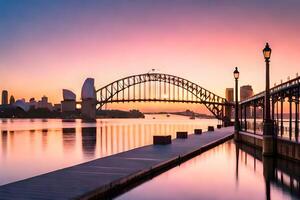 Sydney port pont à le coucher du soleil. généré par ai photo