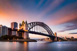 le Sydney port pont à le coucher du soleil. généré par ai photo