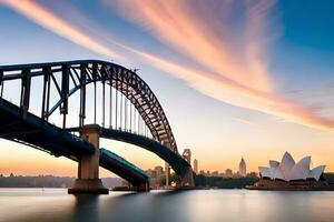 Sydney port pont et opéra maison à le coucher du soleil. généré par ai photo