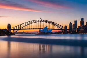 le Sydney horizon à le coucher du soleil. généré par ai photo