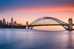 Sydney port pont à le coucher du soleil. généré par ai photo