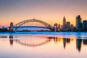 Sydney horizon à le coucher du soleil avec le port pont réfléchi dans le l'eau. généré par ai photo