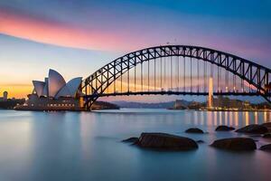 le Sydney port pont à le coucher du soleil. généré par ai photo