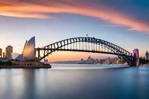 le Sydney port pont à le coucher du soleil. généré par ai photo