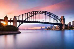 le Sydney port pont à le coucher du soleil. généré par ai photo