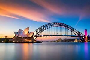 le Sydney opéra maison et pont à le coucher du soleil. généré par ai photo