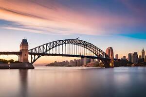 le Sydney port pont à le coucher du soleil. généré par ai photo