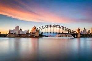 le Sydney opéra maison et pont à le coucher du soleil. généré par ai photo