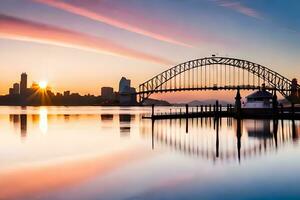 Sydney port pont à le coucher du soleil. généré par ai photo