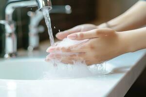 proche en haut coup de mains la lessive dans le cuisine couler. génératif ai photo