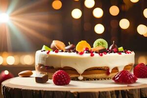 une gâteau avec fruit et des noisettes sur Haut. généré par ai photo