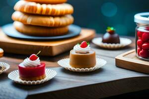 divers desserts sur une table avec une pot de Confiture. généré par ai photo