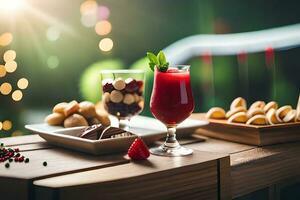 une table avec une boisson et dessert sur il. généré par ai photo