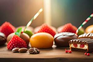 assortiment de des chocolats et des fruits sur en bois tableau. généré par ai photo