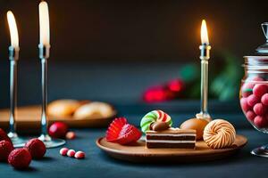 bougies et desserts sur une table avec bougies. généré par ai photo