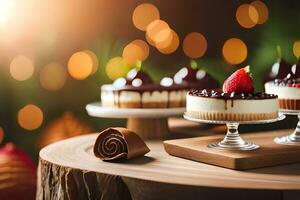 Trois desserts sur une en bois table avec une Cerise sur Haut. généré par ai photo