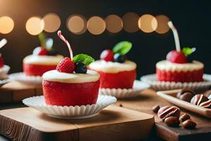 rouge velours petits gâteaux avec baies et Chocolat. généré par ai photo