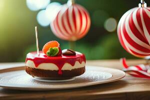 une dessert sur une assiette avec une rouge et blanc rayé ruban. généré par ai photo