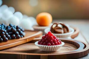 divers desserts sur une en bois plateau. généré par ai photo