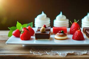 une assiette avec divers desserts sur il. généré par ai photo