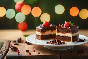 une pièce de Chocolat gâteau avec des fraises sur Haut. généré par ai photo