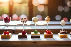 une rangée de desserts sur une tableau. généré par ai photo