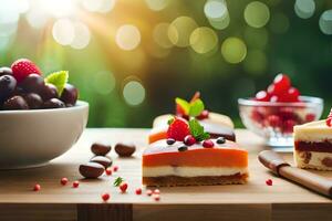 divers desserts sur une en bois tableau. généré par ai photo