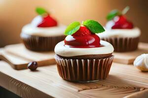 Trois petits gâteaux avec crème et des fraises sur une en bois Coupe planche. généré par ai photo