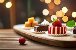 une en bois plateau avec divers desserts sur il. généré par ai photo