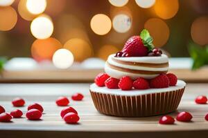 une petit gâteau avec une fraise et framboises sur Haut. généré par ai photo