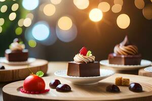 Chocolat desserts sur en bois assiettes avec lumières dans le Contexte. généré par ai photo