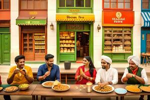 une groupe de gens séance à une table avec aliments. généré par ai photo